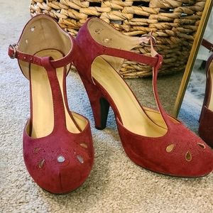 Pink suede T-strap heels